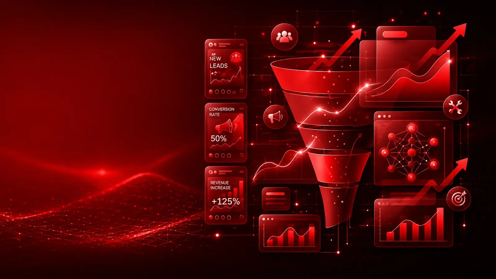 Illustration of a sales funnel with growth charts
